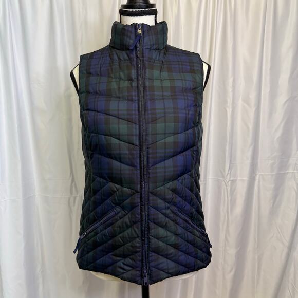 Talbots Petites Down Puffer Vest Plaid Green Blue Blackwatch Check Size P - Picture 1 of 8